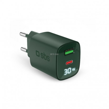 SBS LCD Wall Charger  USB-A  USB-C  LCD  30 W  zala - Ladetajs