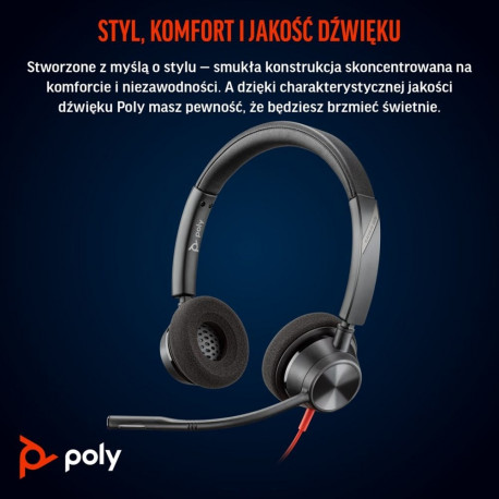 POLY stereo-peakomplekt 3320 Microsoft Teamsi sertifikaadiga USB-C, USB-C/A-adapter, must