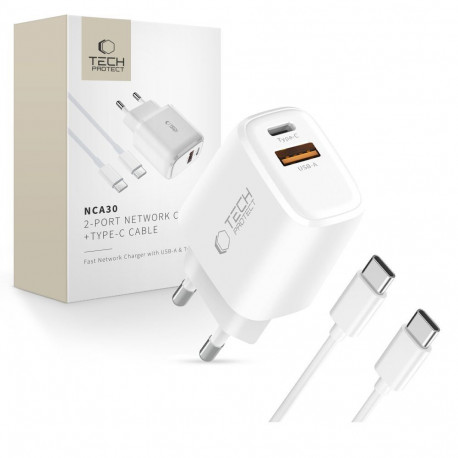 TECH-PROTECT NCA30 2-PORT NETWORK CHARGER PD 30W / QC3.0 + TYPE-C CABLE WHITE
