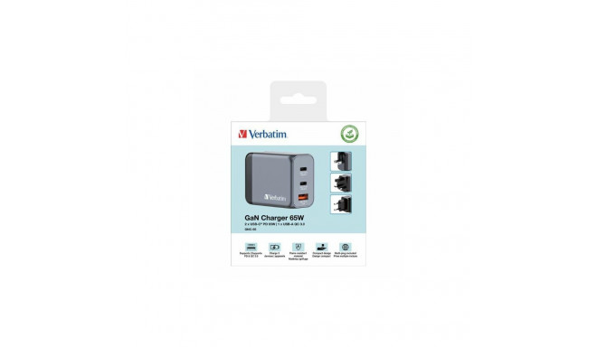 Verbatim GaN 65W seinalaadija 2xUSB-C/USB-A + EU/UK/US adapter GNC-65 32201