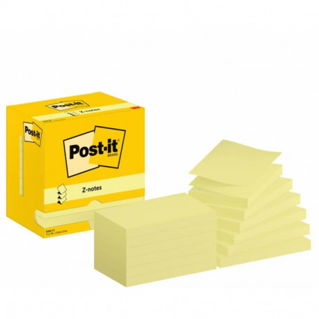 Post-it® Z-Notes, Canary Yellow, 76 mm x 127 mm, 100 Sheets/Pad, 12 Pads/Pack, Cardboard Pack, 100% 