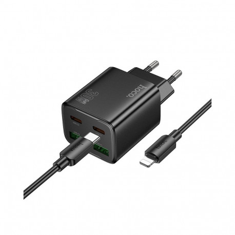 Phone charger Hoco 2 x USB C + 2 x USB A QC3.0 PD 3A 30W + cable USB C to Lightning N56 black