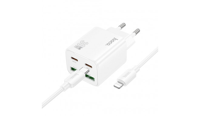 Phone charger Hoco 2 x USB C + 2 x USB A QC3.0 PD 3A 30W + cable USB C to Lightning N56 white