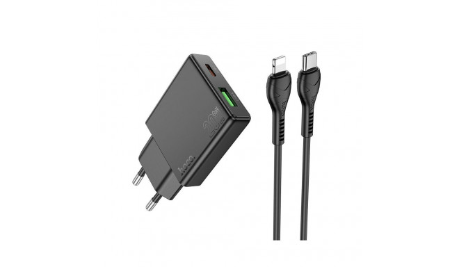 HOCO N38 slim charger USB A+ USB C with Type C to Lightning cable PD QC3.0 0.3A 20W black