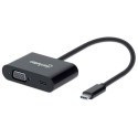 Manhattan USB-C to VGA and USB-C (inc Power Delivery), 1080p@60Hz, 19.5cm, Black, Power Delivery to 