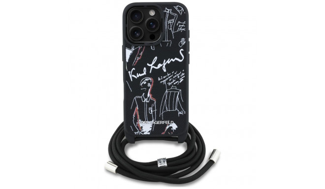 Case Karl Lagerfeld crossbody grained musta mustriga ja logoga iPhone 16 Pro jaoks