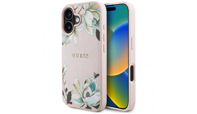 Guess Grained Printed Flower Pattern MagSafe iPhone 16 Case Pink