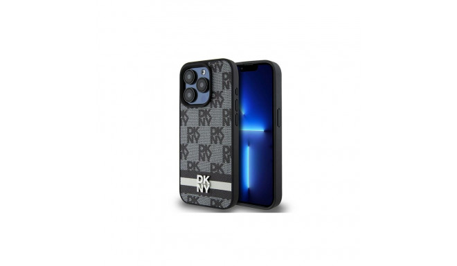 DKNY Leather Checkered Mono Pattern & Printed Stripes Case for iPhone 15 Pro Max - Black