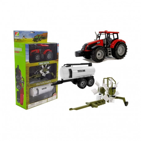 Traktor z Przyczepką, Zgrabiarką i Cysterną Czerwony