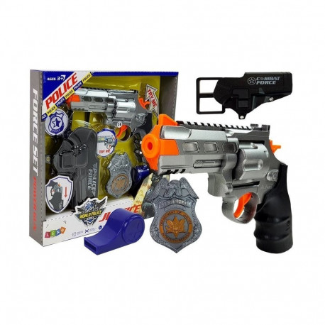 Zestaw Policyjny Rewolwer 20cm Odznaka Kabura Gwizdek Dźwięk Efekty Świetlne