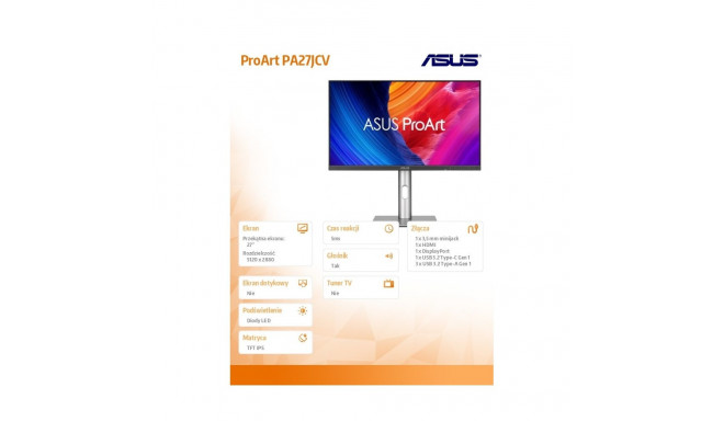 Monitor 27 inch PA27JCV 5K IPS USB-C DP HDMI KVM 100%sRGB HDR500 PIVOT 0-130MM