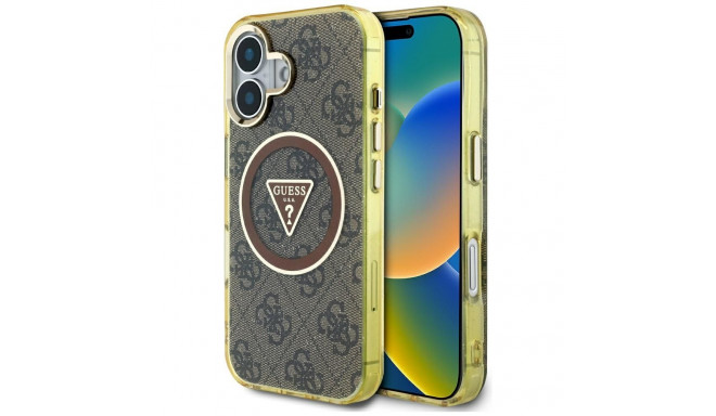 Guess IML Metal Glitter 4G Circle Triangle MagSafe Case for iPhone 16 - Brown