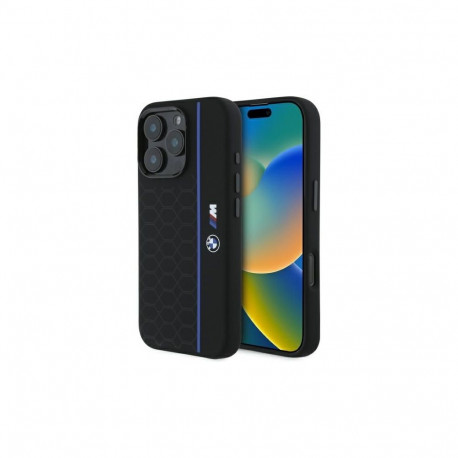 BMW Silicone Hexagon Blue Line MagSafe iPhone 16 Pro Case - Black