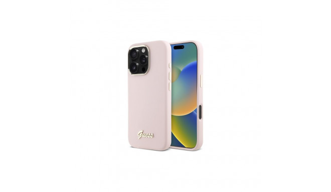 Guess Silicone Script Metal Logo & Frame iPhone 16 Pro Case - Pink