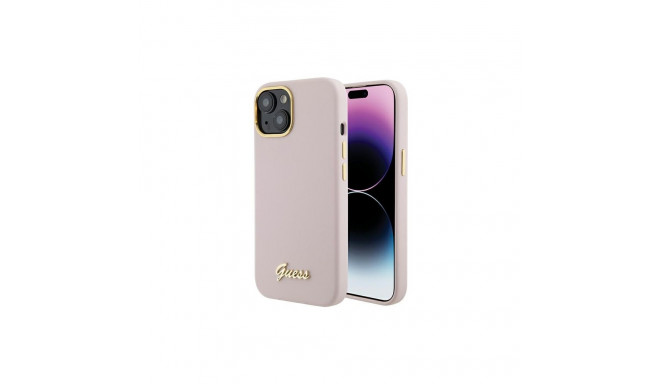 Guess Silicone Script Metal Logo & Frame case for iPhone 15 - pink
