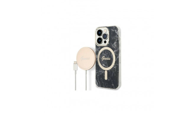Set Guess GUBPP14LHMEACSK Case+ Charger iPhone 14 Pro 6.1" black/black hard case Marble MagSafe