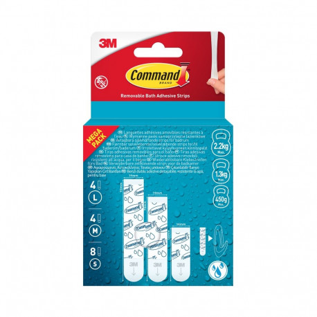 Kahepoolsed kinnitusribad Command, eemaldatav, niiskuskindel, 4 x L, 4 x M, 8 x S