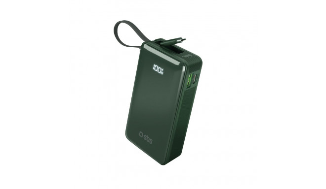 Powerbank SBS 10000 mAh 20W with built-in USB-C cable and digital display - green