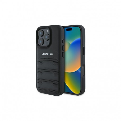 AMG Leather Debossed Lines Black Logo iPhone 16 Pro Max Case - Black