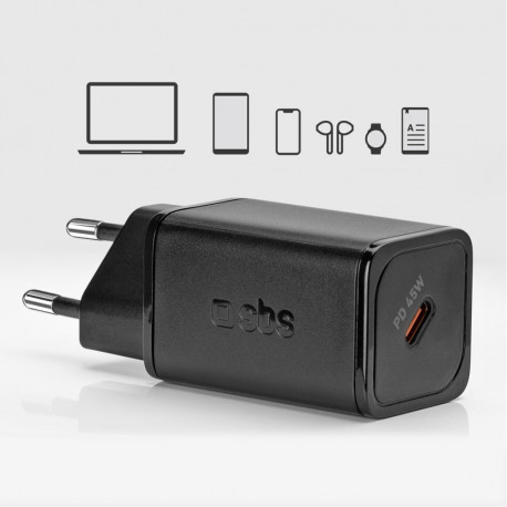 SBS SBS TETRGAN1C45W 45W GaN USB-C Wall Charger with Power Delivery - Black