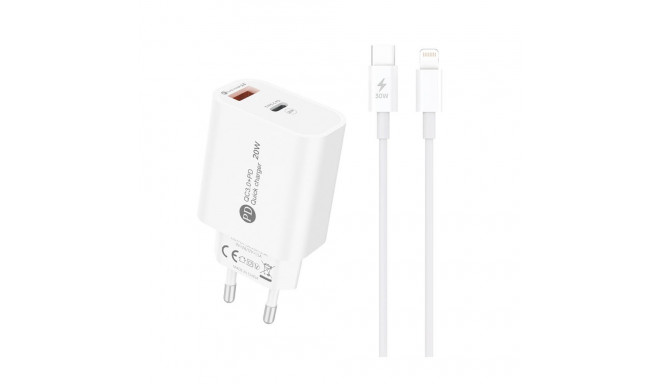 A6MaxL 20W USB-A USB-C Wall Charger with 1m USB-C - Lightning Cable - White