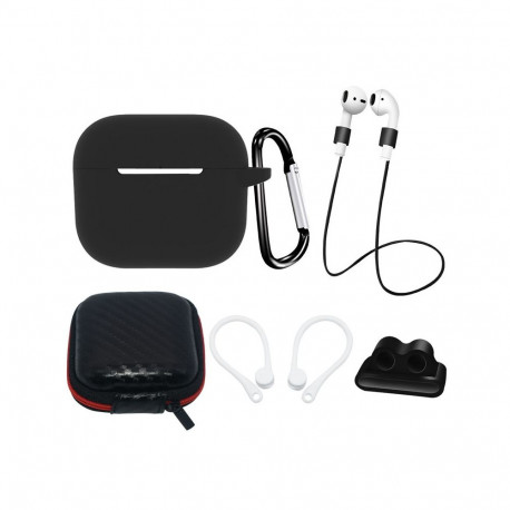 AirPods 3 Silicone Case Set + Case/Ear Hook/Neck Strap/Watch Strap Holder/Carabiner Clasp - black