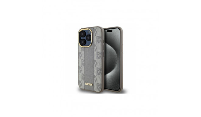 DKNY Leather Checkered Mono Pattern MagSafe iPhone 15 Pro Max Case - Beige