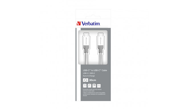 USB-kaabel USB-C USB-C 0.3m Verbatim USB3.1 USB-C Sync & Charge , Stainless Steel/Silver
