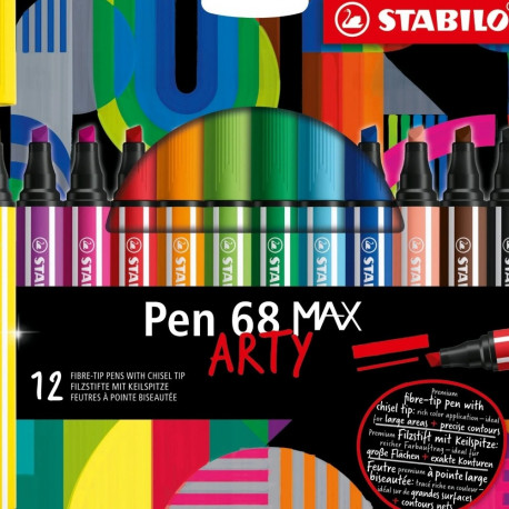 Viltpliiatsid Stabilo ARTY Pen 68 MAX, 1-5 mm lõigatud ots, akvarellitav, 12 värvi pakis