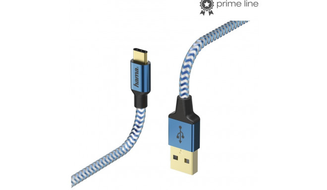 USB-kaabel Hama USB3.0 Type-C pistik (USB3.1 Gen1) sinine nylon, 1.5m topeltvarjestus, kullatud kont