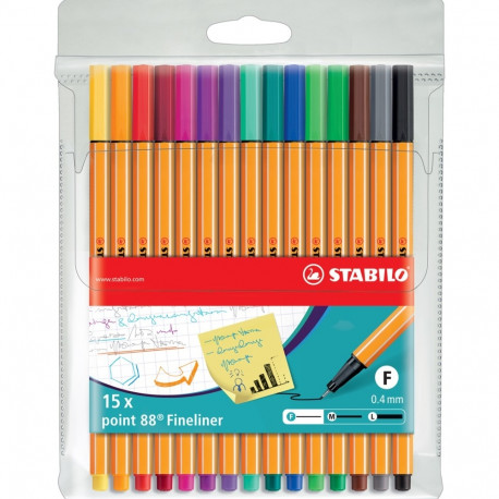 Tindipliiats Stabilo Point 88 fineliner 0,4mm, 15 värvi pakis