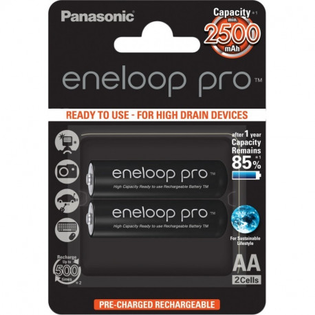 Akupatareid Panasonic Eneloop Pro AA HR6 2500mAh NiMH 2BP, 1,2V 2 akupatareid suure voolutarbega sea