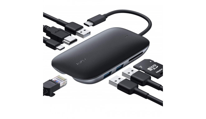 Aukey USB hub CB-C71 Aluminium USB-C 8in1 RJ45/3xUSB 3.1/HDMI//SD