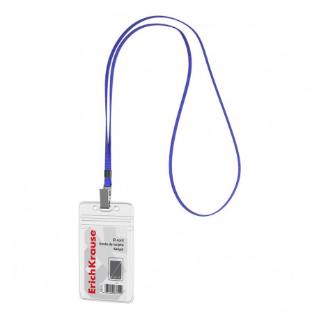 Vertical ID card with lanyard  ErichKrause 62x91 mm, transparent, blue lanyard color (in bag)
