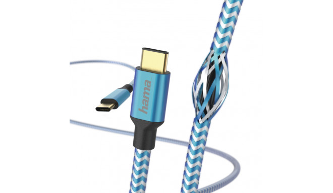 USB-kaabel USB-C USB-C 1.5m Hama helkiv nylonkate, sinine, voolutugevus kuni 3A 20V, USB-C-plug/USB-