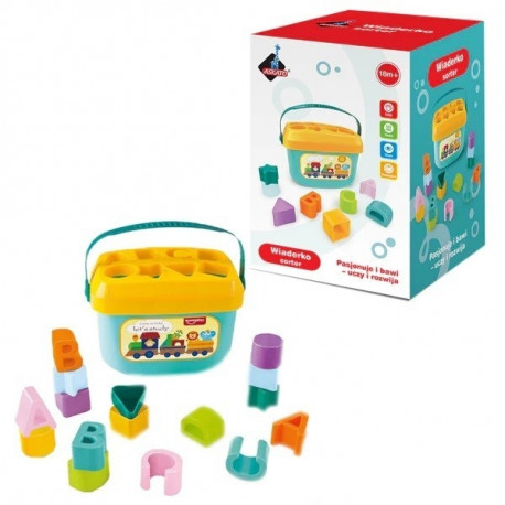 A sorter bucket with blocks is a classic developmental toy designed for infants and