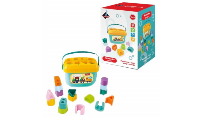 A sorter bucket with blocks is a classic developmental toy designed for infants and