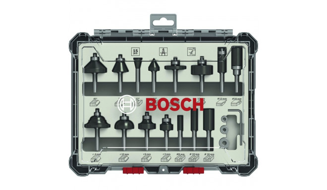 Bosch 15-osaline puidupuuride komplekt 6 mm varrega freesile