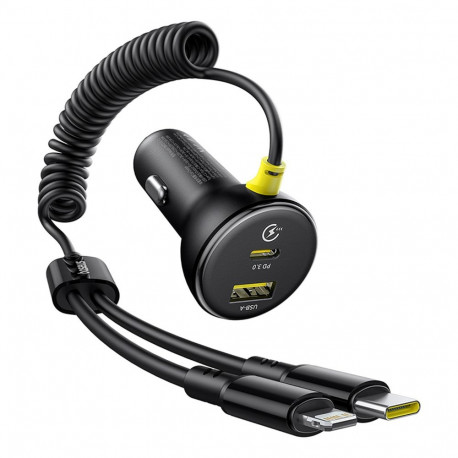 Baseus Circular 60W USB-A + USB-C Car Charger with Built-in Lightning + USB-C Cable 1.4m - Black
