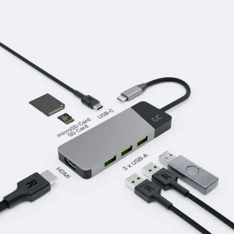 Green Cell HUB USB-C adapter GC Connect 7W1 (3xUSB 3.1, HDMI 4K 60Hz, USB-C PD 85W, microSD/SD)