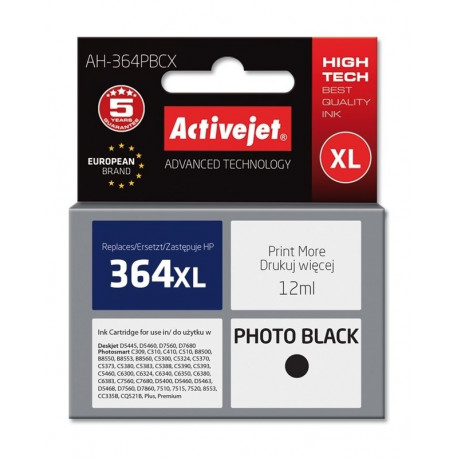 Activejet AH-364PBCX tindikassett (asendus HP 364XL CB322EE; premium; 12 ml; must, foto)