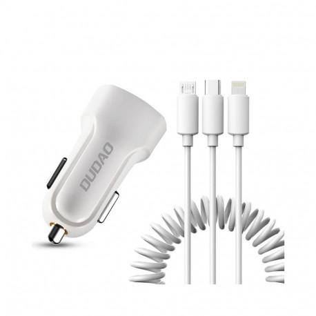 Dudao car kit charger 2x USB 2.4A + cable USB 3in1 Lightning / Type C / micro USB cable white (R7 wh