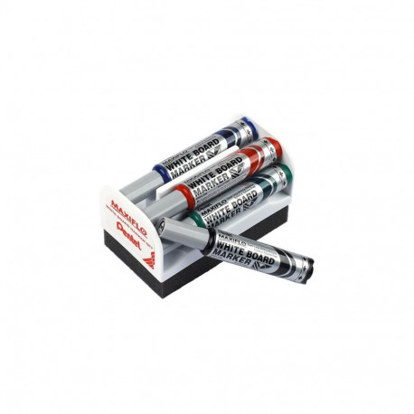 Tahvlimarkerite komplekt hoidja ja kustutajaga PENTEL Maxiflo M 4 värvi