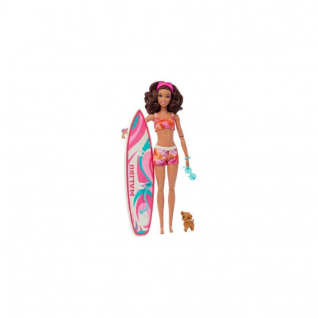 Barbie Doll with Surfboard and Puppy, Poseable Brunette Beach Doll