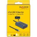 "DELOCK USB 10 Gbps Hub mit 4 USB Type-C Ports davon 3 x Datenport + 1 x Daten und PD 20 Watt mit Le