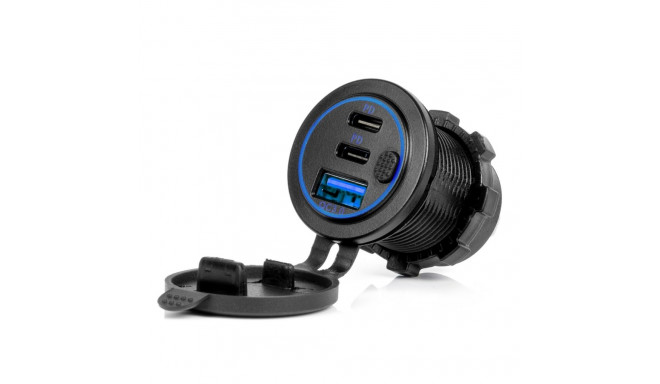 Veekindel autolaadija usb-pesadega lülitiga usb + 2x usb-c qc3.0 12v 24v amio-04596