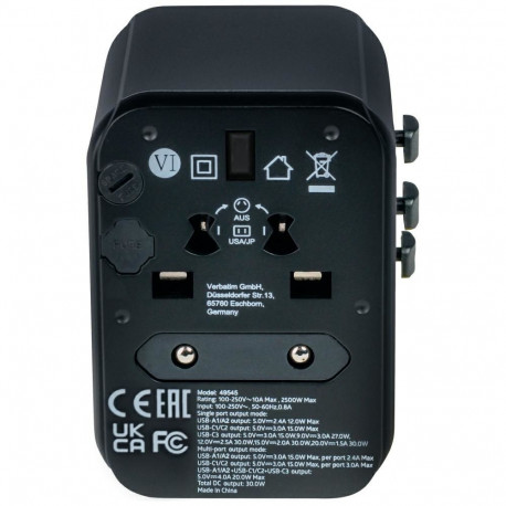 Verbatim Travel Adapter EU/UK/US 2xUSB-A/2xUSB-C PD 30W UTA-03 black 49545