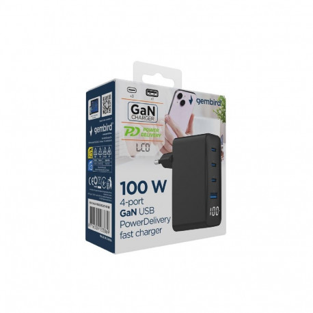 Mobile Device Charger - Gembird TA-UC-PDQC100LCD-01 100W Fast Charging Black