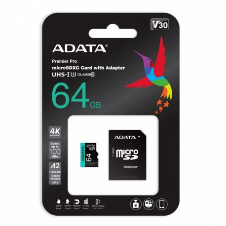 Memory card microSD Premier Pro 64 GB UHS1 U3 V30 A2 + adapter