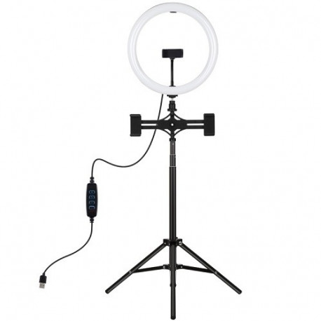 LED Ring Lamp 30cm with Desktop Tripod Mount Up to 165cm and 3 Phone Clamps, USB